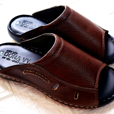 Dép quai ngang nam da bò 100%, quai da bò cao cấp 02 lớp da dày, mềm mại, đế cao su đi rất êm chân