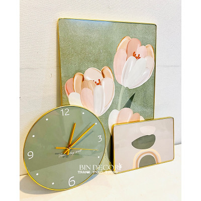 (CÓ ẢNH THẬT) Tranh đồng hồ tráng gương hoa tulip bộ 3 tranh bo viền kèm đinh và pin