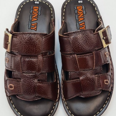 Dép quai ngang nam da bò cao cấp DONAVY, thiết kế kiểu khuy đồng thời trang D3KD