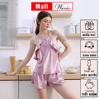 Đồ bộ mặc nhà WANNABE BSS22 đồ bộ quần sọt mặc với áo cổ yếm phối bèo gợn sóng lưng áo cut out trang trí dây khoe lưng