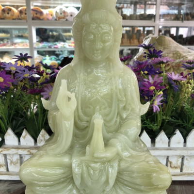 Tượng Phật Bà Quan Thế Âm Bồ Tát ngồi đài sen đá ngọc Onyx - Cao 30cm