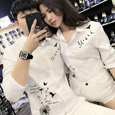 Áo sơ mi cặp họa tiết bồ công anh và chim