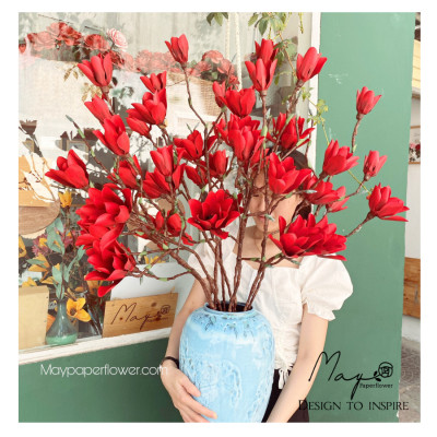 Hoa giấy trang trí, Hoa Mộc Lan đỏ handmade Maypaperflower - hoa giấy nghệ thuật, hoa cắm bình, decor nhà ở văn phòng
