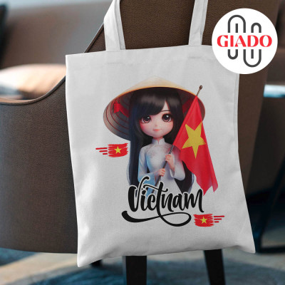 Túi canvas GIADO, túi vải bố, túi tote mẫu cô gái Việt Nam áo dài - Nhiều kích thước và màu sắc