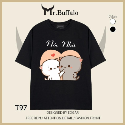 Áo đôi, cặp tay lỡ unisex Mèo mochi nóc nhà, cột nhà dễ thương Mr.Buffalo T96T97