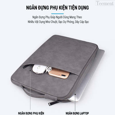 Túi Chống Sốc Laptop Teement TM01 2 Ngăn Có Quai Xách Đứng, Vân Da Mịn Chất Liệu Da Chống Thấm Nước Bảo Vệ Cho Macbook, Laptop, 13 Inch, 14 Inch, 15 Inch, 15.6 Inch- Hàng Chính Hãng 