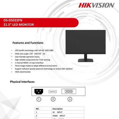 Màn Hình Không Viền HIKVISION DS-D5022FN-C 21.5" FHD 60Hz - Hàng Chính Hãng