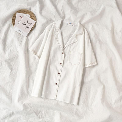 Áo sơ mi nữ thô đũi viền cổ, áo kiểu nữ cộc tay cổ vest viền chỉ freesize s21