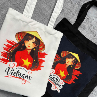 Túi canvas GIADO, túi canvas đen, túi tote in hình món ăn Việt Nam mẫu Bún đậu mắm tôm