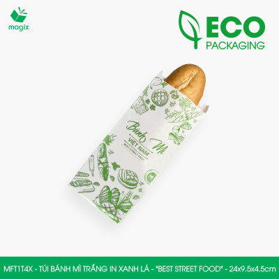 MFT1T4X - 24x9.5x4.5 cm - 200 Túi bánh mì Trắng, in sẵn họa tiết BEST STREET FOOD - Bao bánh mì Túi giấy thực phẩm an toàn