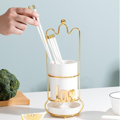 Ống đựng đũa chất liệu sứ khung hợp kim cao cấp | HŨ SỨ CÓ KHAY HỨNG NƯỚC ĐỰNG ĐŨA KHUNG INOX TẠO HÌNH LOVE YOU