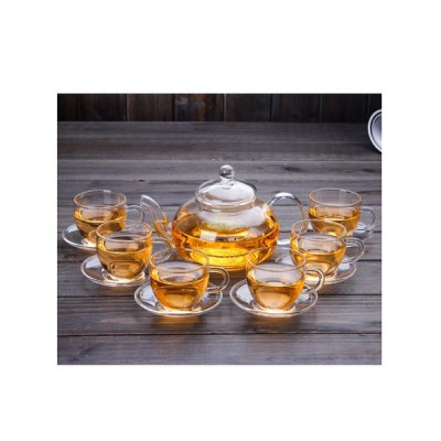 Bộ ấm chén thủy tinh pha trà 600ml kèm 6 đĩa lót tách ( tặng thêm 1 đĩa lót ấm )