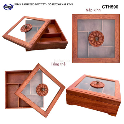 Khay Bánh Kẹo Mứt Tết Gỗ Hương Nắp Kính Vuông Trong Suốt Thiết Kế Trang Trọng - CTH590