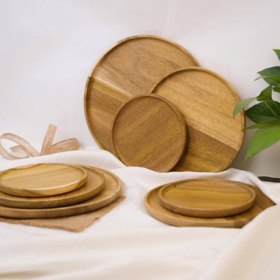 Khay gỗ keo đa năng hình tròn Vibasic, đa dạng kích thước, chụp hình decor đựng đồ trang trí