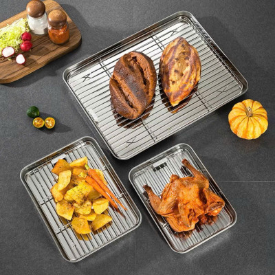 Khay Nướng Inox 304 Dày Dặn Kèm Vỉ Hấp Hình Chữ Nhật Dùng Nướng Bánh, Thực Phẩm - HÀNG CHÍNH HÃNG MINIIN