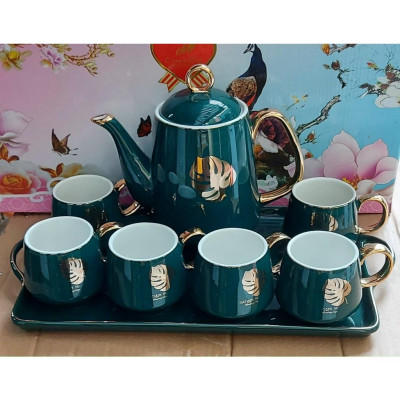 BỘ ẤM CHÉN SỨ MÀU XANH CỔ VỊT LÔNG VŨ CAO CẤP KÈM KHAY ( GIAO NGẪU NHIÊN )