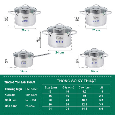 Bộ nồi chảo chống dính cao cấp Fivestar 6 món 3 đáy từ nắp kính ( tặng bộ sạn dừa 4 món )