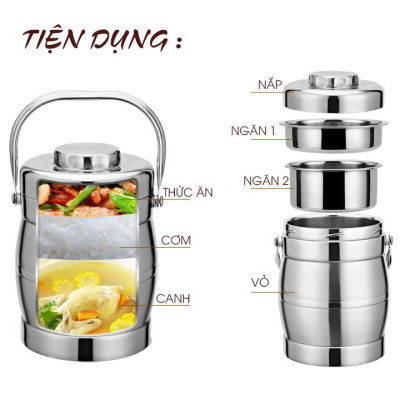 Cặp Lồng Inox 3 Tầng 1.4 - 2 Lít -Cặp Lồng  Đựng Cơm Cháo Phở Giữ Nhiệt Cao Cấp - Cà Mên Inox - Hàng Loại 1 - Chính Hãng MINIIN