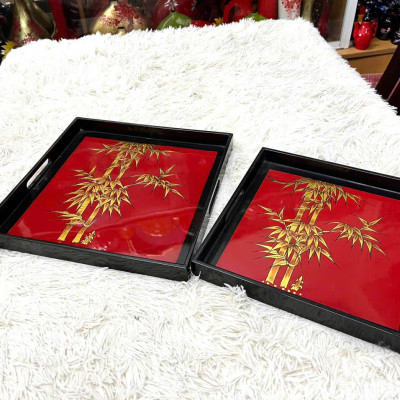 Bộ hai khay sơn mài cao cấp - Mã KV01 - Họa tiết Cành Trúc dát vàng đẹp mắt, sang trọng, quà tặng ý nghĩa