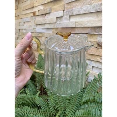 Ấm thủy tinh pha trà hoa chịu nhiệt kèm lõi lọc sọc quai vàng