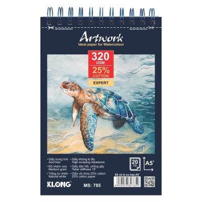 Sổ vẽ màu nước cao cấp KLONG A5+ 25% cotton 20 tờ 320GSM; MS: 785