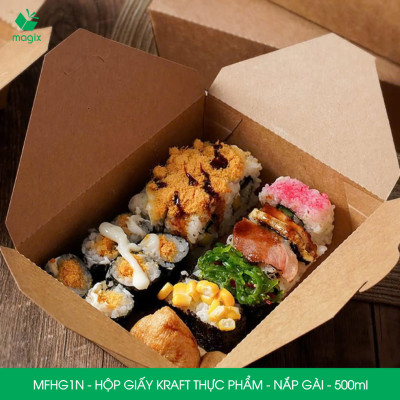 MFHG1N - 100 hộp giấy kraft thực phẩm 500ml, hộp giấy nắp gập màu nâu đựng thức ăn, hộp giấy nắp gài gói đồ ăn mang đi 