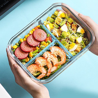 Hộp cơm trưa 3 ngăn bằng thủy tinh chịu nhiệt - tặng kèm thìa và đũa inox (giao màu ngẫu nghiên) 