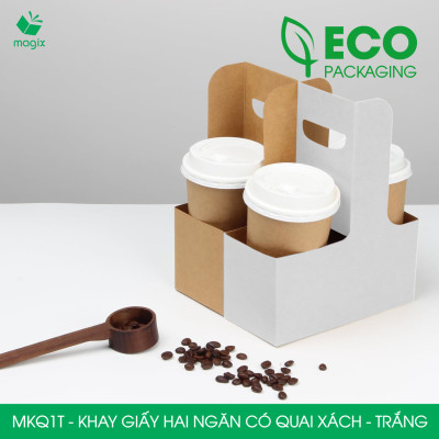 MKQ1T - 17.5x8x9 cm - Combo 60 Khay giấy 2 ngăn quai xách màu trắng siêu chắc, hộp giấy 2 ngăn chống thấm đựng ly nước, hoa và quà tặng