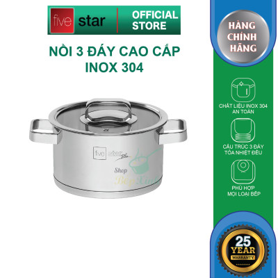 Combo Bộ nồi inox 304 và xửng hấp cao cấp  Fivestar Plus 5 món nắp kính ( 1nồi 16cm x1nồi 18cm x1nồi 20cm x1nồi 24cm x 1thân xửng 24cm) , tặng 1 vá canh 