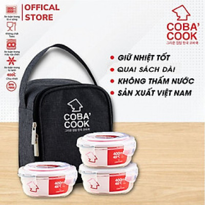 Bộ 3 hộp cơm thủy tinh chịu nhiệt COBACOOK hình tròn 400m Kèm túi COBACOOK _ CCR43BS