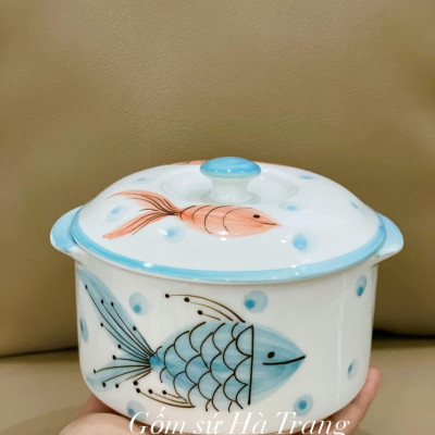 Thố chưng yến gốm sứ Bát Tràng cao cấp vẽ tay hoạ tiết cá dung tích 600ml