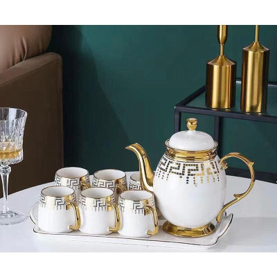 BỘ ẤM CHÉN KÈM KHAY SỨ CAO CẤP PHA TRÀ CÀ PHÊ TRẮNG HỌA TIẾT MẮT XÍCH