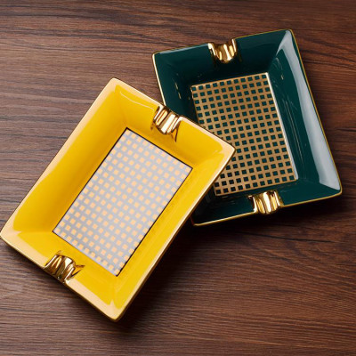 Gạt Tàn Xì Ga 2 Điếu YJA-20023 Chất Liệu Gốm Sứ Họa Tiết Kẻ Caro Độc Đáo