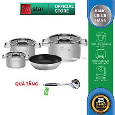 Bộ nồi chảo chống dính inox 304 Fivestar Plus 4 món nắp kính , 3 đáy dùng được bếp từ , hồng ngoại , gas - tặng 1 vá canh