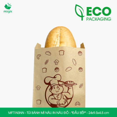 MFT1N3NN - 24x9.5x4.5 cm - 1000 Túi bánh mì Nâu, in sẵn họa tiết ĐẦU BẾP - Bao bánh mì Túi giấy thực phẩm an toàn