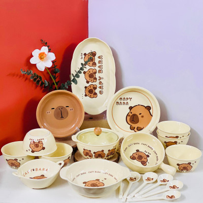 Bộ Bát Đĩa Thương Hiệu Gosu Gấu Capy bara Đáng Yêu Nước Men Sáng Đẹp Chất Lượng Cao