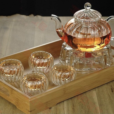 BỘ ẤM CHÉN PHA TRÀ THỦY TINH HOA CÚC KÈM KHAY TRE - ANTH679