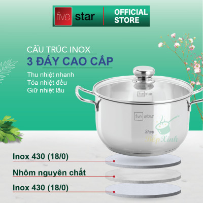 Bộ xửng hấp 3 đáy inox 430 FiveStar Standard  bếp từ nắp kính tặng 10 muỗng ăn ( 26cm/28cm/30cm )