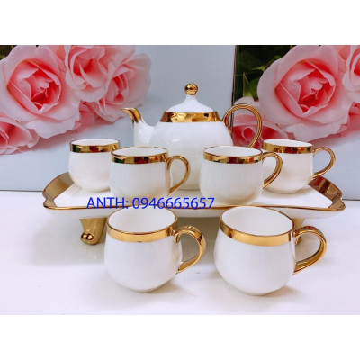 BỘ ẤM CHÉN TAY TRÒN KÈM KHAY SỨ CÓ CHÂN PHA TRÀ CÀ PHÊ TRẮNG VÀNG PHONG CÁCH HOÀNG GIA SANG TRỌNG