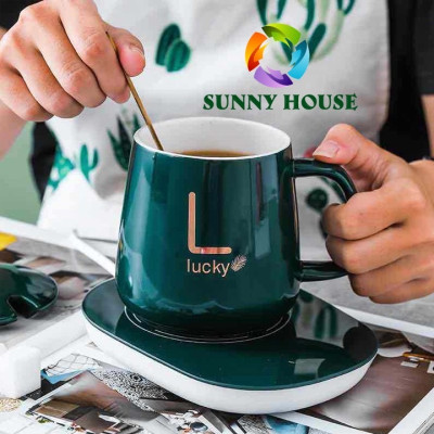 Ly hâm nóng giữ nhiệt ly sứ  ,đa năng ,kèm đế và thìa mạ vàng cao cấp có hộp đựng sang trọng