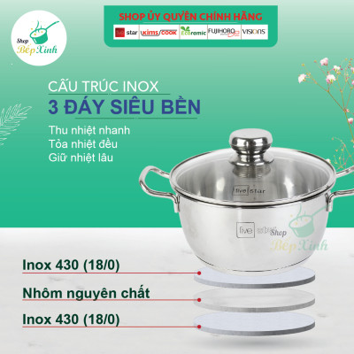 Bộ Nồi Inox 3 Đáy Từ Fivestar Standard FSB50002 5 chiếc nắp kính ( tặng 2 vá canh )
