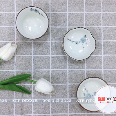 Bộ bát đĩa men kem Bát Tràng cao cấp vẽ đào xanh
