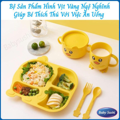 Bộ bát đĩa khay ăn dặm cho bé cute hình vịt vàng 5 món khay, bát, cốc , thìa ,đũa , dĩa ăn