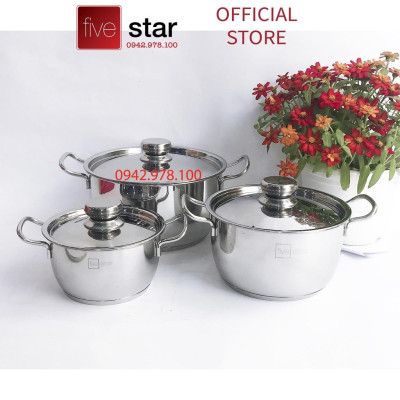 Bộ nồi 3 đáy inox 430 Thân Cool  Standard nắp inox FS-B3010 (Kích thước 16cm - 20cm - 24cm), tặng 1 vá canh