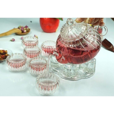 BỘ ẤM CHÉN PHA TRÀ THỦY TINH HOA CÚC KÈM KHAY TRE - ANTH679