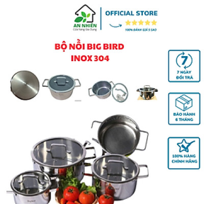 BỘ NỒI BIG BIRD BLACK CUBE INOX 304 LIỀN KHỐI CAO CẤP, 4 NỒI GỒM SIZE 16CM, 18CM, 20CM, 24CM; NẮP KÍNH BẰNG, QUAI VUÔNG, DÙNG ĐƯỢC CHO MỌI LOẠI BẾP TỪ, HỒNG NGOẠI, GA
