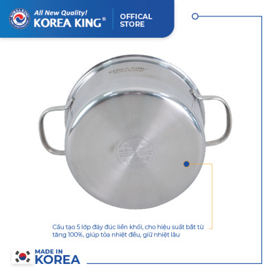 KP-24S5PLY Nồi inox 5 lớp đáy liền Korea King (Nồi, nắp đều bằng inox, đường kính 24cm, dung tích 5L)-Hàng chính hãng