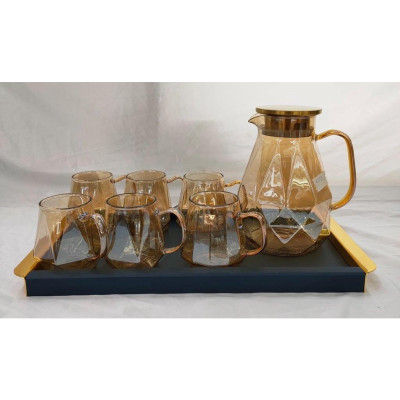 COMBO BỘ BÌNH CỐC THỦY TINH MÀU VÀNG GÔN CHỊU NHIỆT CAO CẤP VÂN KIM CƯƠNG KÈM KHAY ( KHAY XANH GIAO NGẪU NHIÊN )