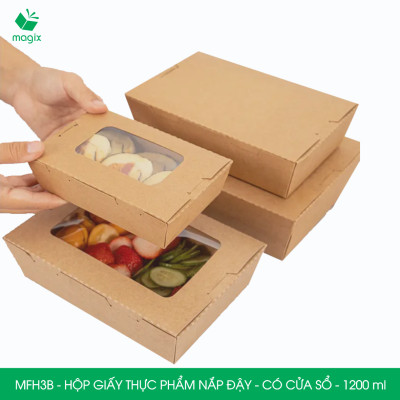 MFH3B - 1200ml - 100 hộp giấy kraft đựng thực phẩm, hộp giấy đựng thức ăn có cửa sổ, hộp đựng cơm