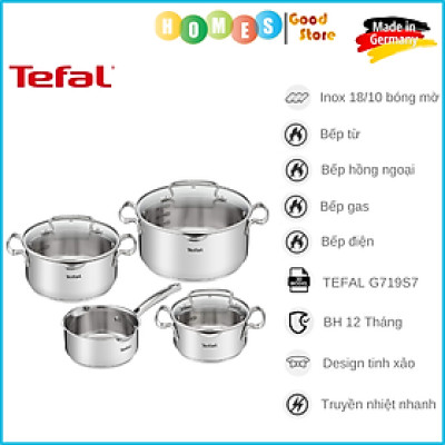 Bộ Nồi 4 Sets TEFAL G719S7 Có Vạch Chia, Gồm 7 Chi Tiết Nhập Khẩu Đức, Chất Liệu Thép Không Gỉ, Dùng Cho Mọi Loại Bếp, Bền Gấp 6 Lần Chảo Thường - Hàng Nhập Khẩu